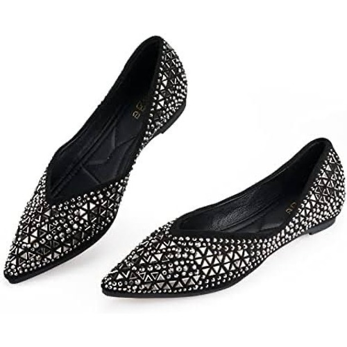 Liyuhanjialu Pointed Toe Ballet Flat Black Studded Rhinestone Size Us 9.5 Nib